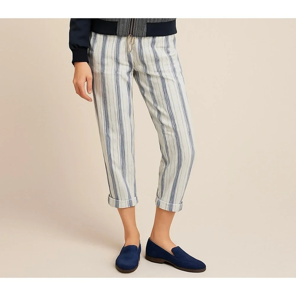 Anthropologie Seashore Striped Linen Blend Drawstring Pants Size 2P - Picture 1 of 13